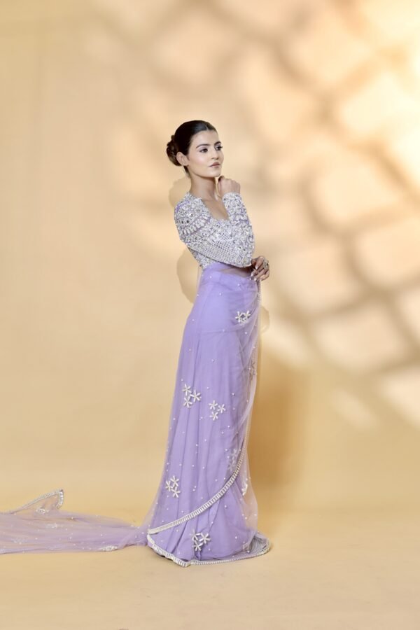 Lavender Radiance: Crystal Elegance Saree - Image 3