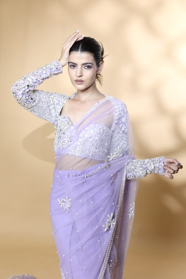 Lavender Radiance: Crystal Elegance Saree